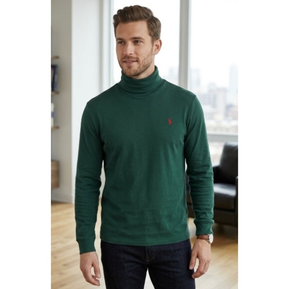 Vintage Polo Ralph Lauren Mens XL Forest Green Turtleneck Cotton Holiday Festive